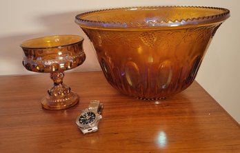 Vintage Carnival Glass - Indiana Harvest Grape Punch Bowl - And A Candy Dish.      -     -      Loc: Cab7