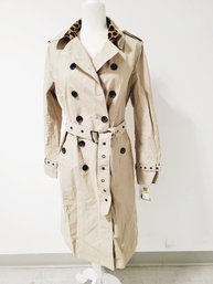 New Jane Post New York Ladies Tan Cotton Trench Coat With Leopard Faux Fur Collar Size M MSRP $595 (tote 1)