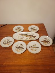 Israeli Made Gold Rimmed Fishing Plates And Platter.           -             -         -          Loc:Cab8
