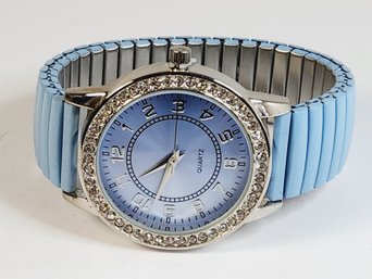 New Avon Quartz Watch Pastel Blue Metal Stretch Band With Studded Face
