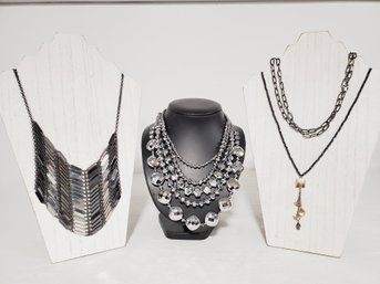 Fabulous Assortment Of Ladies Silver Tone & Gunmetal Costume Jewelry Necklaces Including Marlyn Schiff