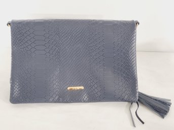 Gigi New York Snake Embossed Navy Blue Leather Zippered Clutch Handbag Purse With Tassle