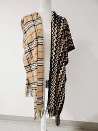 Two Ladies Winter Scarves / Wraps - Scottish Plaid Cashmere & Knit Fringed Black & Tan
