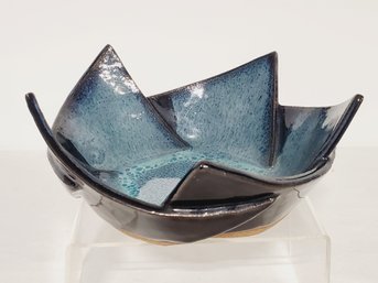 Vintage Contemporay Styled Black & Blue Glazed Pottery Bowl