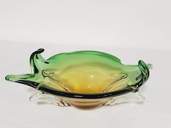 Vintage Murano Green & Gold Blown Art Glass Bowl