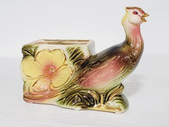 Vintage Hull (?) USA Ceramic Glazed Painted Pheasant Bird Gold Flower Planter