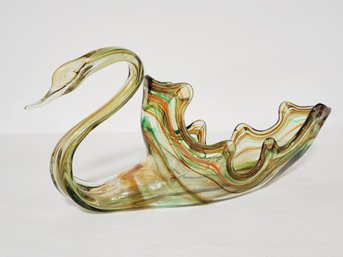 Dramatic Vintage Colorful Blown Art Glass Large Swan Centerpiece Bowl