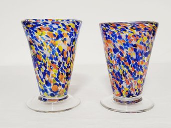 Two Vibrant Confetti Blown Art Glass Footed Tumblers Glasses