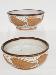Two Signed Stoneware Pottery Handmade Bowls - Bird Design