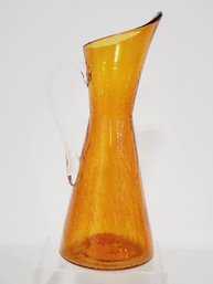 Vintage MCM Amber / Orange Crackle Glass Pitcher Vase Art Glass Hand Blown