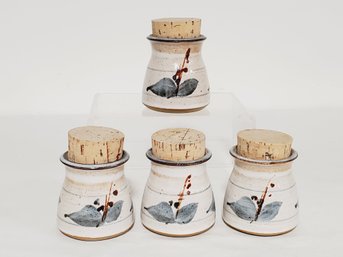 Four Vintage Hand Made Pottery Mini Jars With Cork Stoppers
