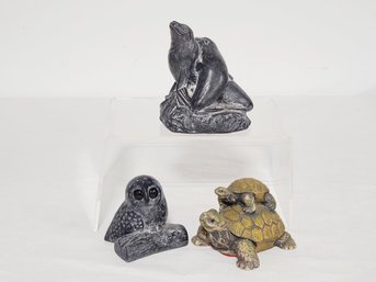 Trio Of Small Vintage Carved Animal Figurines - Two Wolf Soapstone Seals & Owls,