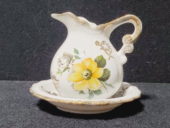 Adorable Vintage Made In Japan Yellow Rose Porcelain Creamer Pitcher With Underplate