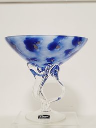 Vintage Alicja Poland Hand Blown Cobalt Blue & Clear Art Glass Octopus Style Bowl Vase Compote