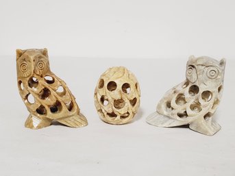 Trio Of Vintage Carved Soapstone Owl In An Owl Small Figurines - Made In India