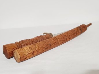 Vintage Long Blade Knife Sword With Carved Wood Handle & Sheath