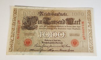 1910 Imperial Germany 1000 Mark Reichsbanknote - Large Note   RARE