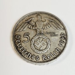 1936 Nazi Germany  WW2 Third Reich 5 Reichsmark Silver Coin Paul Von Hindenburg