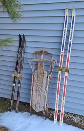 Winter Fun, 2 Pairs Of Cross Country Skis And A Vintage Runner Sled
