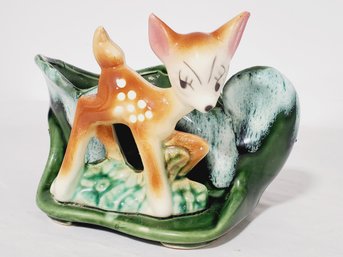 Adorable Vintage Mid Century Pottery Fawn Deer Green Drip Glazed Planter USA UP2