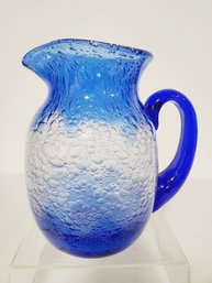 Beautiful Japanese Blown Bubble Glass Cobalt & Clear Pitcher With Handle