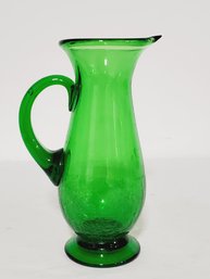 Wonderful Vintage Japanese Blown Crackle Glass Emerald Green Pitcher With Applied Handle