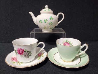 Assortment Of Porcelain Teacups, Saucers And Small Teapot-Royal Ardalt, Staffordshire & Nantucket Home