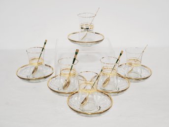 Vintage Set Of Six Clear & Gold Leaf Glass Chai Tea Cups,saucers & Japanese Gold Plated Stainless Spoons