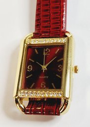NEW  Red  Quartz Watch In Orig.  Box Red Faux Croc Skin Strap