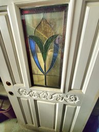 Early Solid Wood Door With Stained Glass Flower Panel In Center