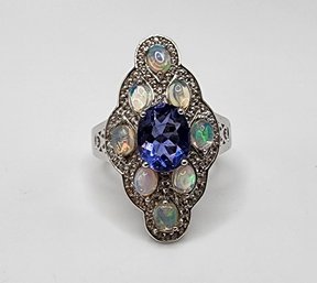 Color Change Fluorite, Ethiopian Welo Opal Ring In Rhodium Over Sterling