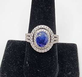 Blue Sapphire, Round White Zircon, Rhodium Over Sterling Ring