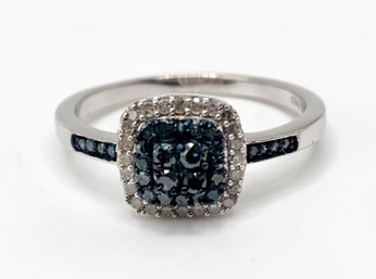 Blue & White Diamond Ring In Rhodium Over Sterling