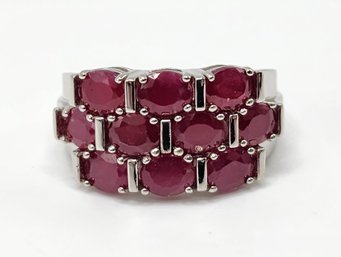 Stunning Red Ruby 10 Stone Ring In Rhodium Over Sterling