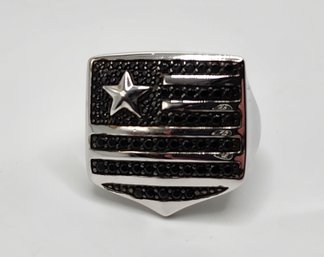 Black Spinel Patriotic Flag Men's Ring In Rhodium Over Sterling