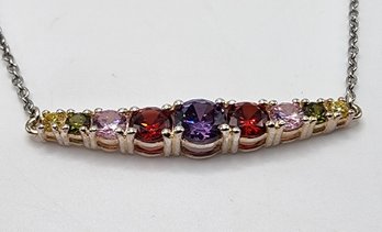 Faux Multi-Gemstone Bar Necklace In Sterling & Stainless