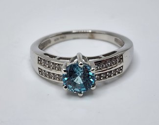 Premium Blue Zircon, White Zircon Ring In Platinum Over Sterling