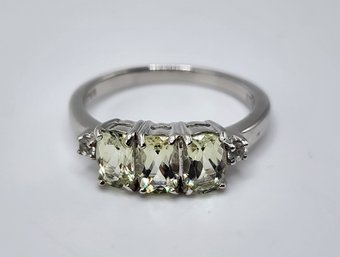 Green Amblygonite 3 Stone Ring With White Zircon, Rhodium Over Sterling