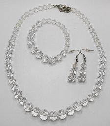 Simulated Clear Topaz Beaded Stretch Bracelet, Earrings & Necklace In Silvertone & Stainless