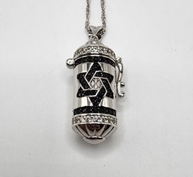 Star Of David Prayer Box Pendant Necklace In Black Spinel, Rhodium Over Sterling