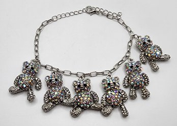 Austrian Crystal Teddy Bear Charm Paperclip Bracelet In Silver Tone