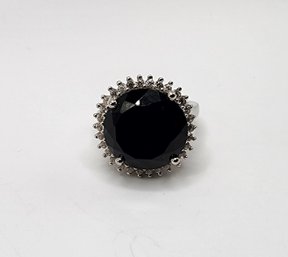 Australian Black Tourmaline, White Zircon Halo Ring In Platinum Over Sterling