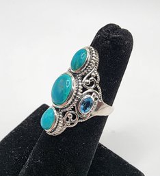 Artisan Crafted Peruvian Opalina, Blue Topaz Elongated Ring In Sterling