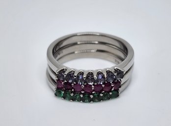 Ruby, Tanzanite & Zambian Emerald Stackable Ring Set In Stainless