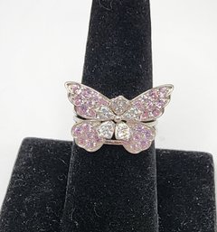 Premium Pink & White CZ Set Of 5 Stackable Rings That Make A Butterfly In Rhodium Over Sterling