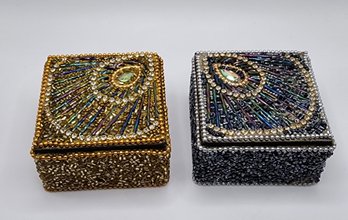 Lot Of 2 Handcrafted Wooden Beaded Square Trinket Boxes