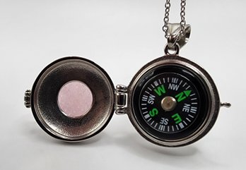 Rose Quartz Openable Pendant Necklace With Compass In Stainless