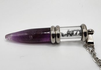 Fabulous Meteorite & Amethyst Pencil Pendant Necklace In Stainless