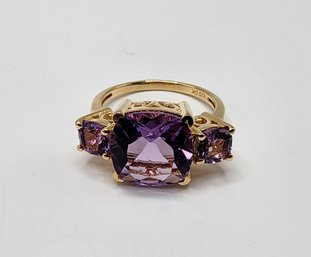 Purple Amethyst 3 Stone Ring In 18k Yellow Gold Over Sterling