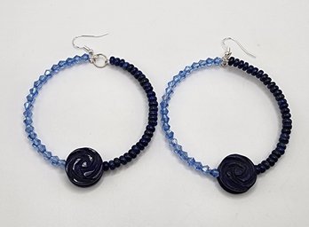 Hand Made Hoop Earrings In Swarovski & Lapis With Sterling Ear Wires